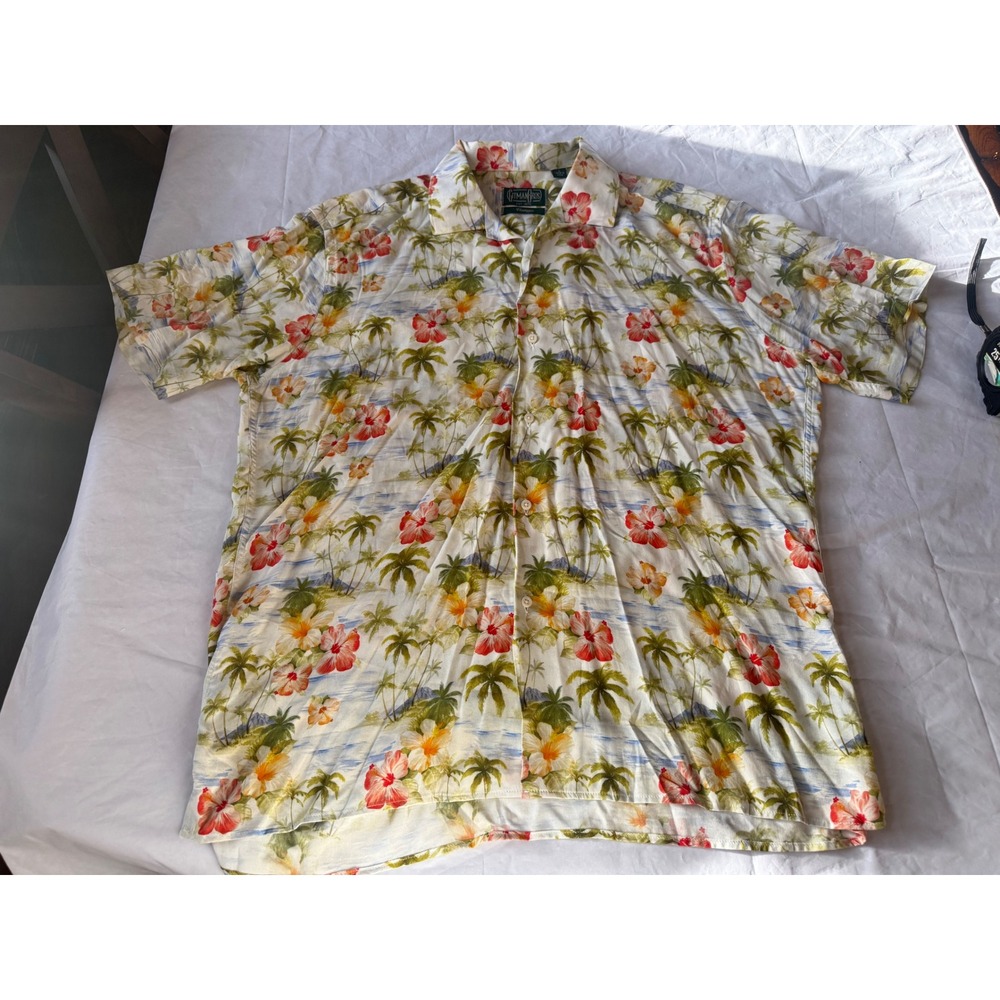 Gitman Bros Vintage Hawaiian Shirt Mens L White Tropical Hibiscus Good USA Made